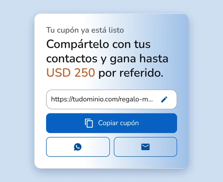 Detalle de Referidos y recompensas: el cupón listo para copiar y compartir, con el mensaje “Compártelo con tus contactos y gana hasta USD 250 por referido”