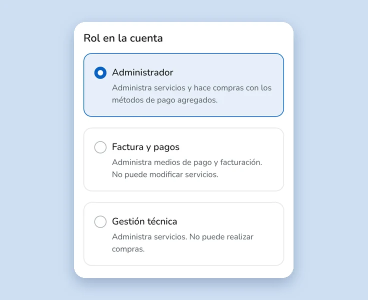 Selector de rol del formulario Agregar integrante: Administrador, Factura y pagos y Gestión técnica