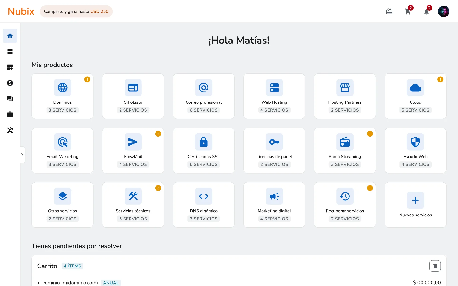 Pantalla de inicio del prototipo, en desktop: saludo y tarjetas de producto con ícono, nombre y cantidad de servicios