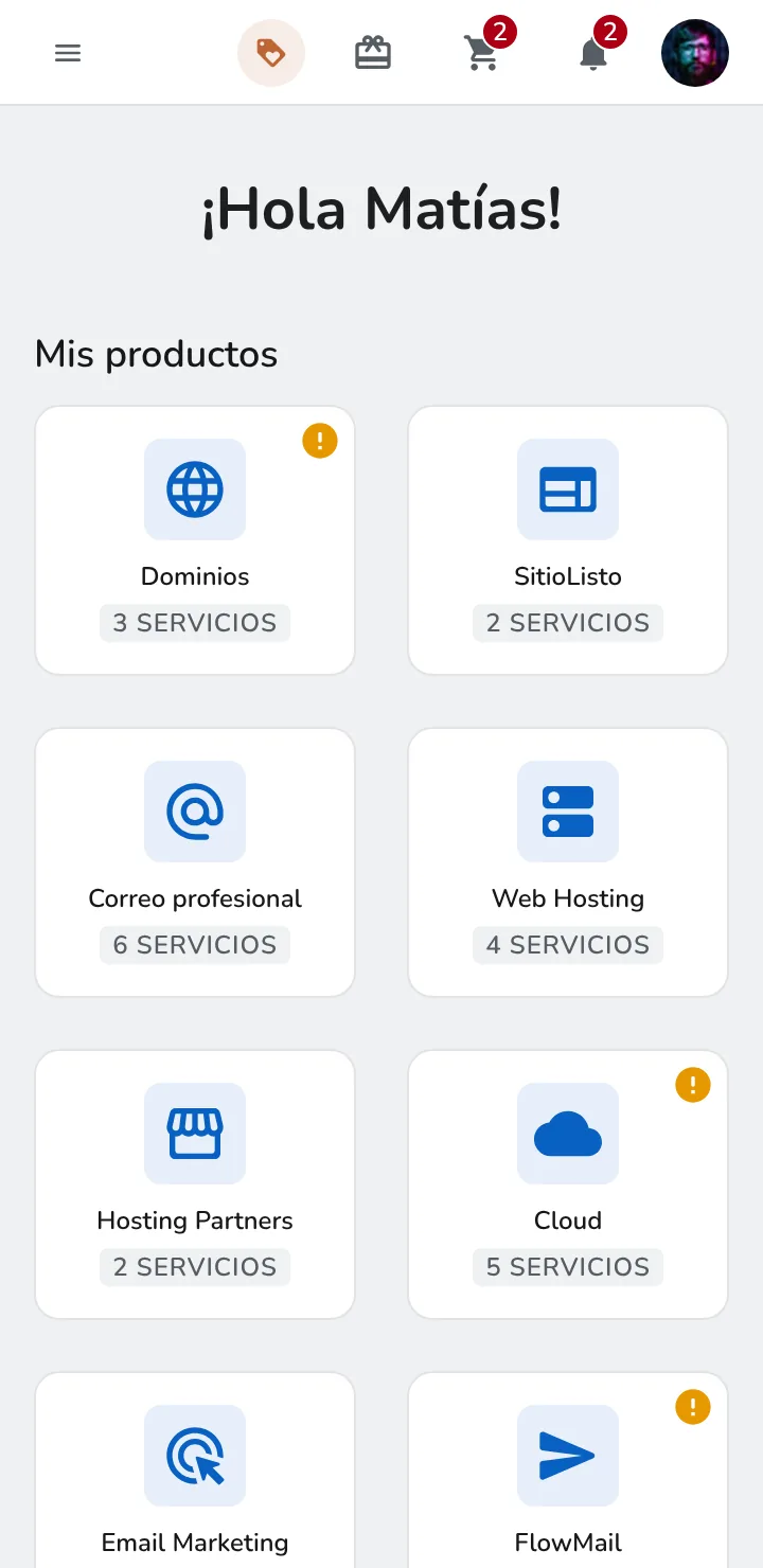 Pantalla de inicio del prototipo, en mobile: tarjetas de producto en dos columnas