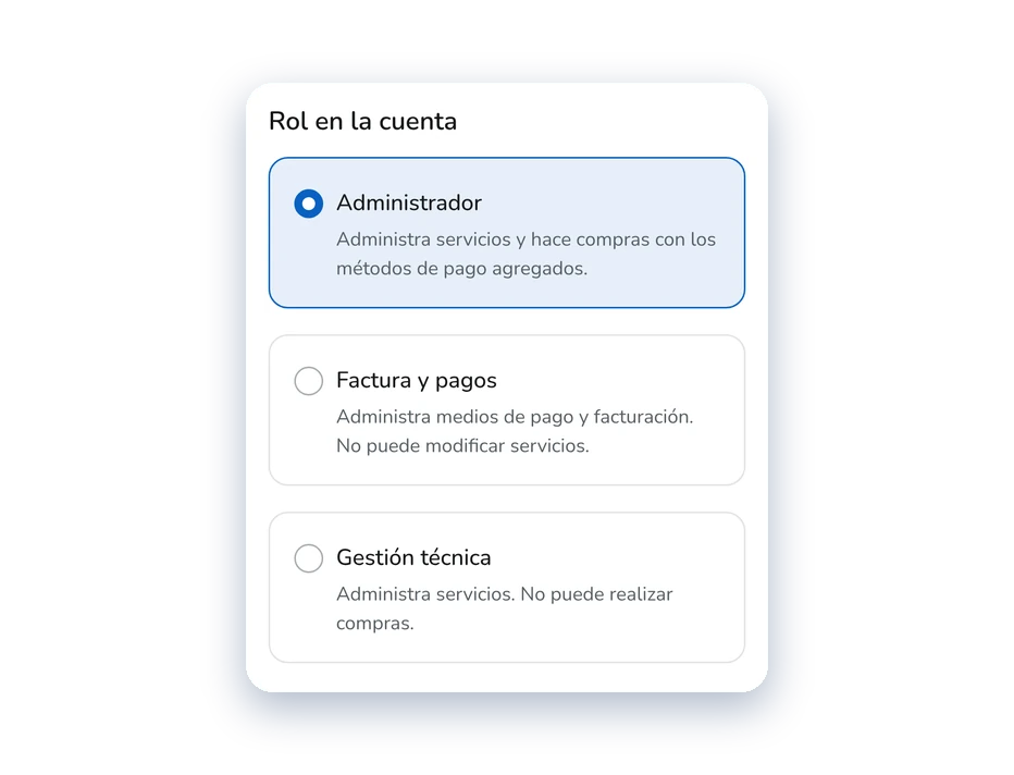 Selector de rol al invitar a una persona: administrador, facturación y pagos, o gestión técnica